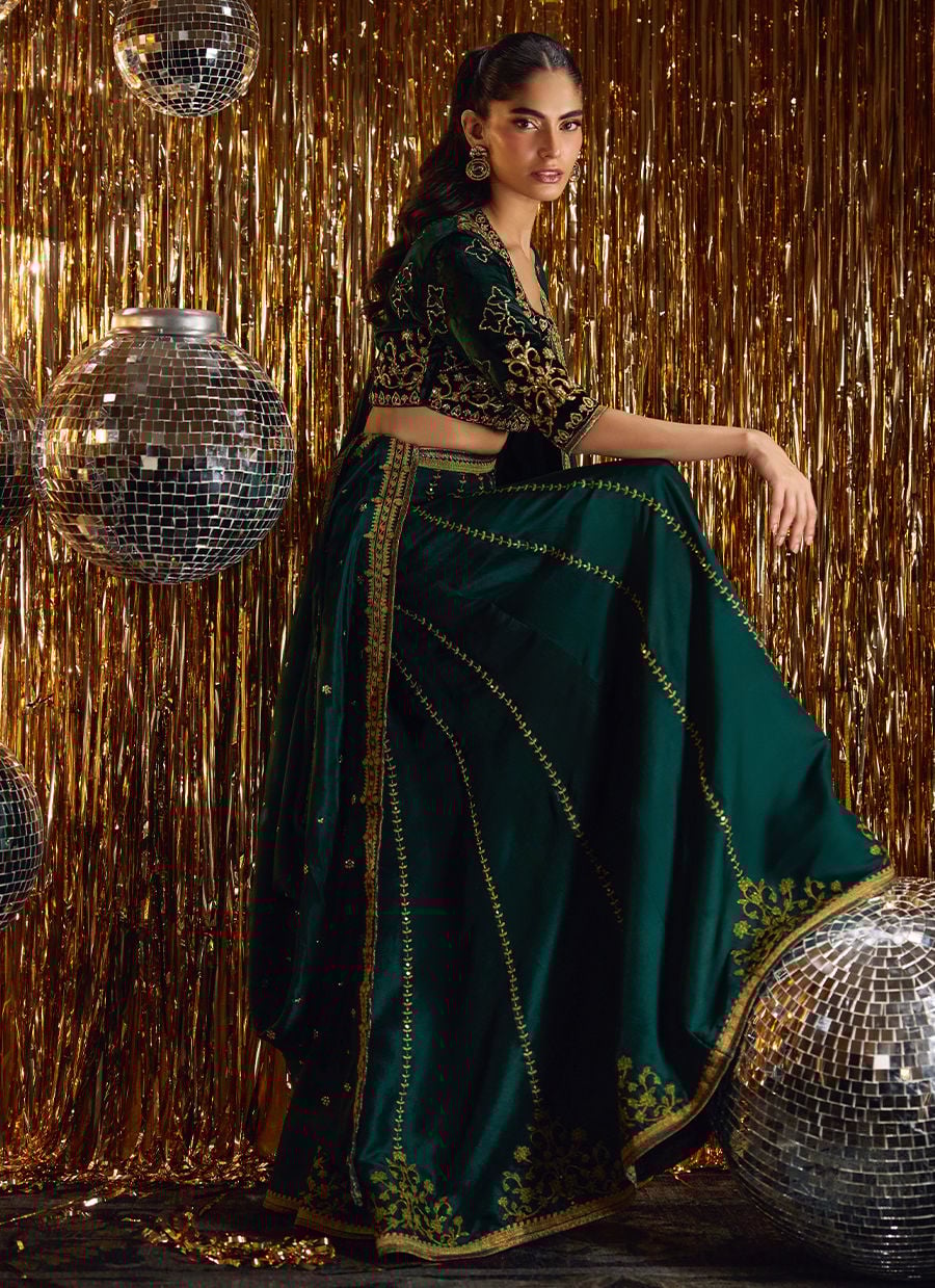 Farah Talib Aziz | Velvet Fete 4 | Sera Emerald Lehnga Choli - Official Farah Talib Aziz stockist in UK - Sakeena London