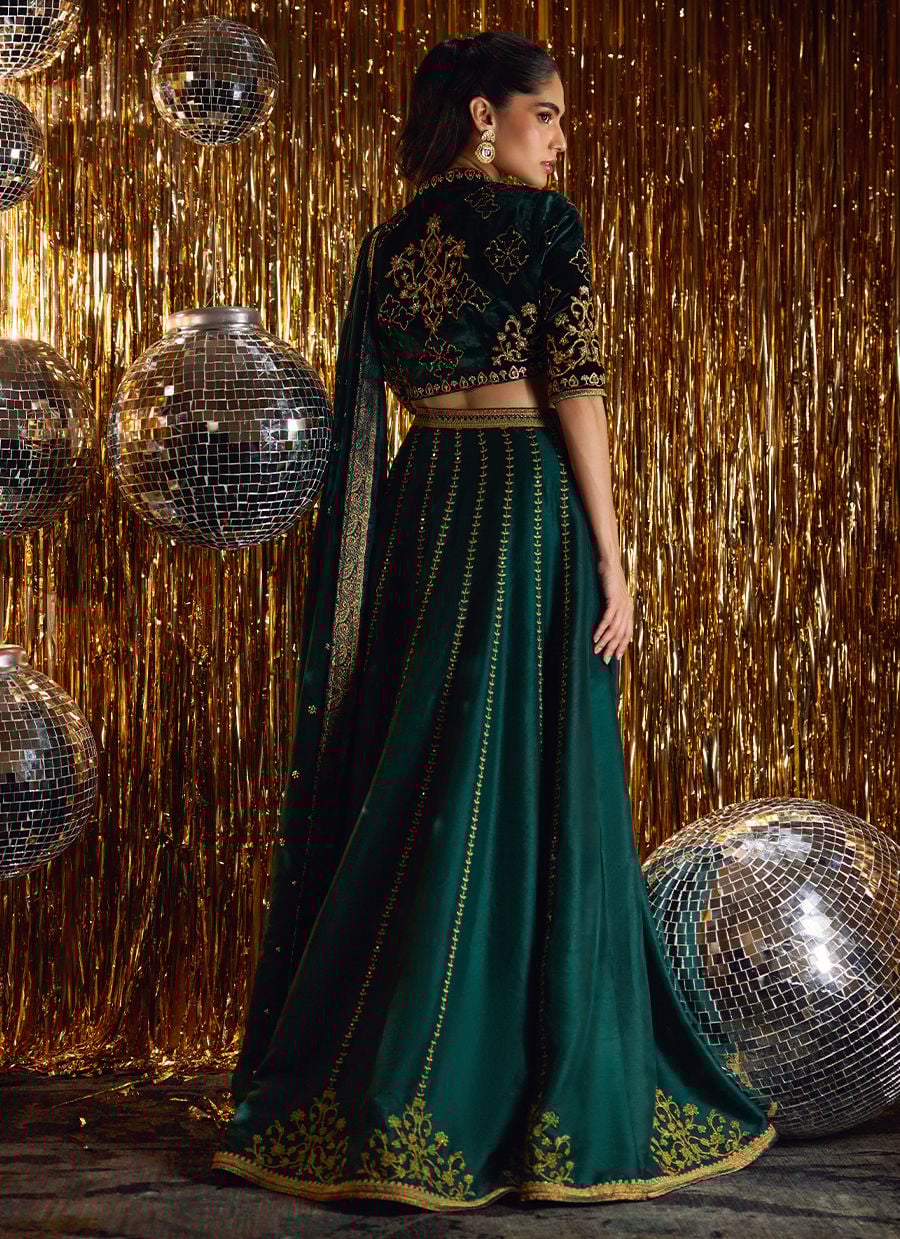Farah Talib Aziz | Velvet Fete 4 | Sera Emerald Lehnga Choli - Official Farah Talib Aziz stockist in UK - Sakeena London
