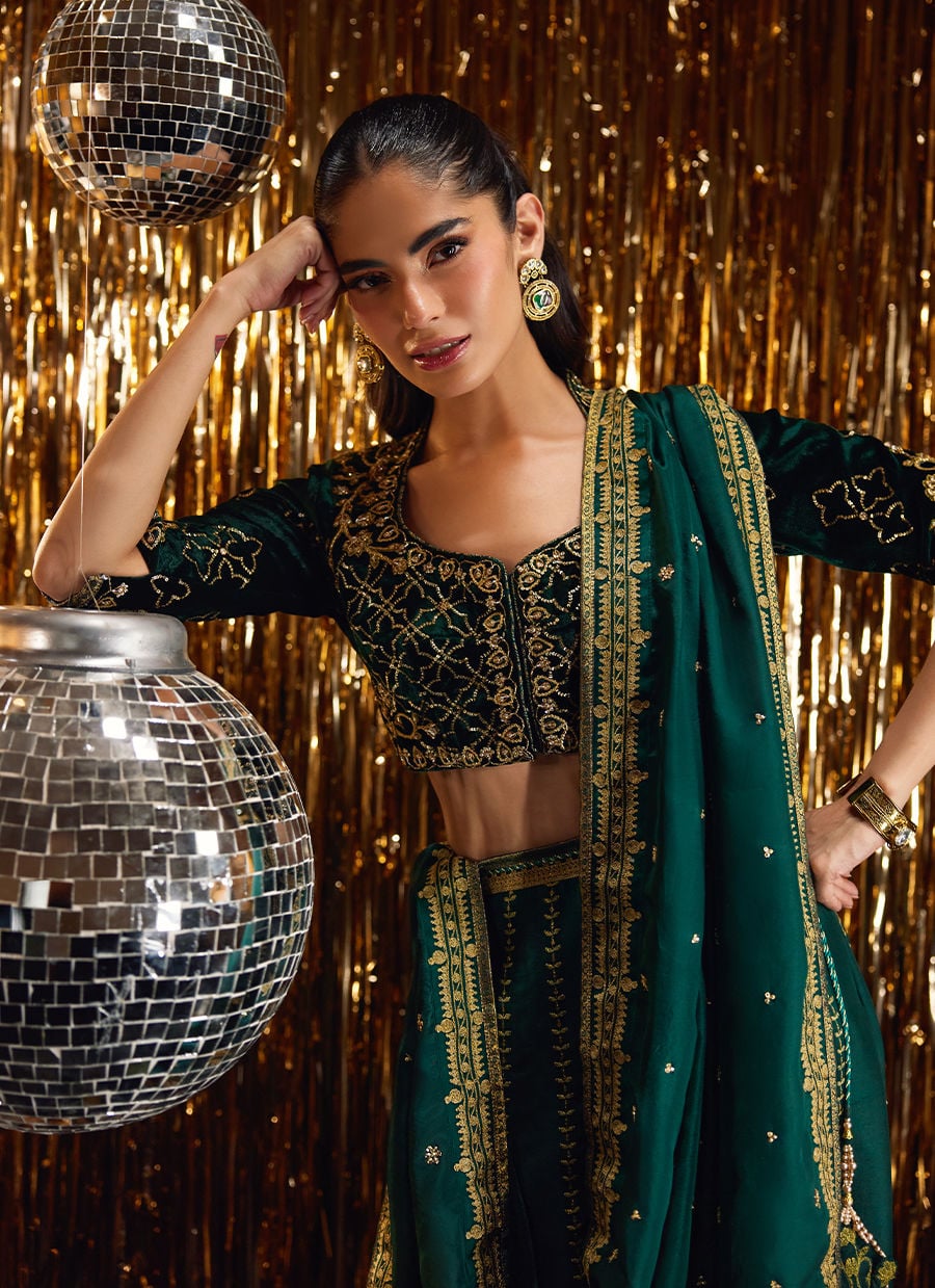 Farah Talib Aziz | Velvet Fete 4 | Sera Emerald Lehnga Choli - Official Farah Talib Aziz stockist in UK - Sakeena London
