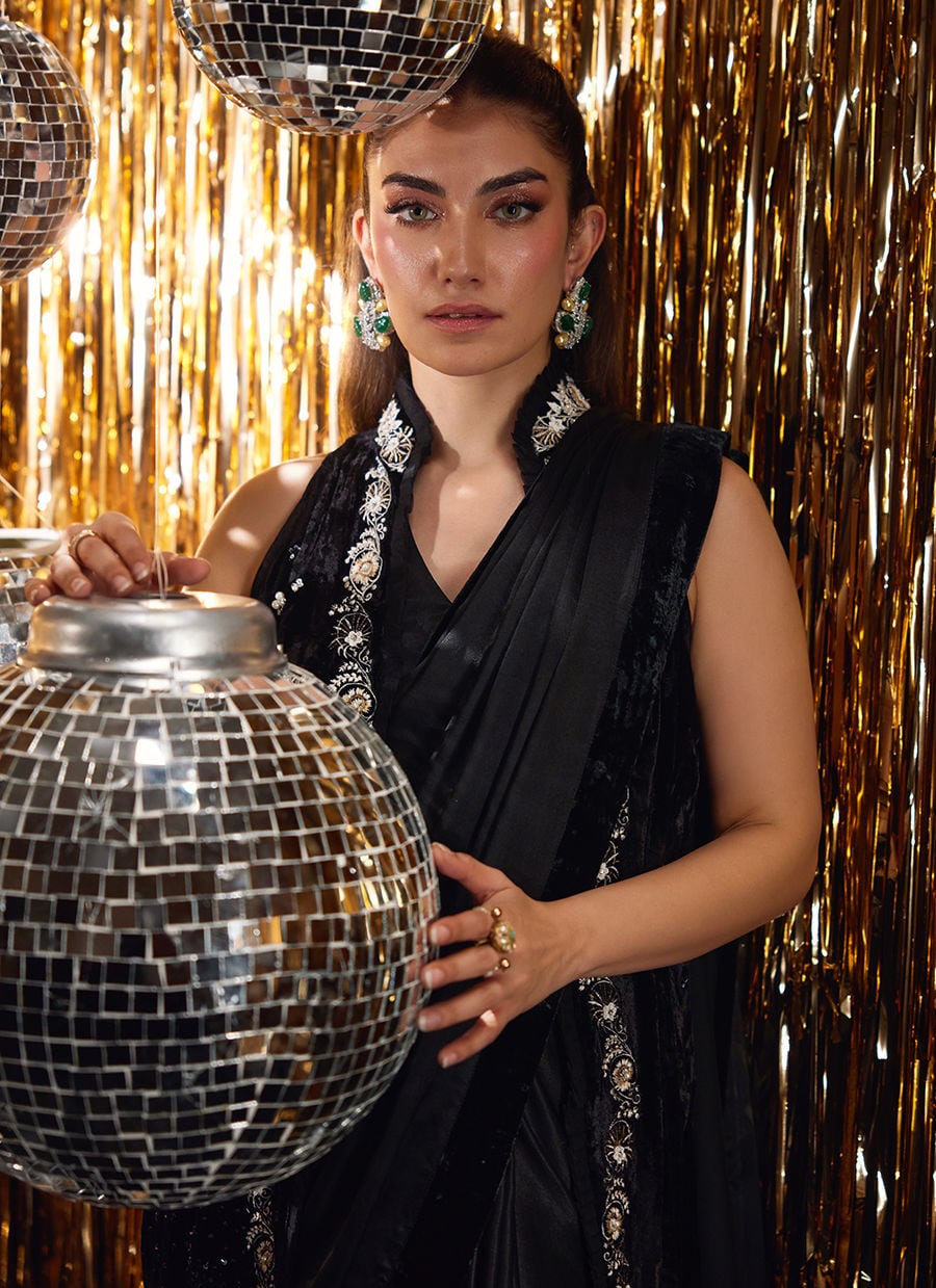 Farah Talib Aziz | Velvet Fete 4 | Aveline Black Velvet Jacket - Official Farah Talib Aziz stockist in UK - Sakeena London