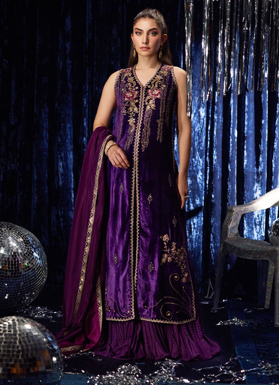 Farah Talib Aziz | Velvet Fete 4 | Amima Aubergine Shirt And Dupatta - Official Farah Talib Aziz stockist in UK - Sakeena London