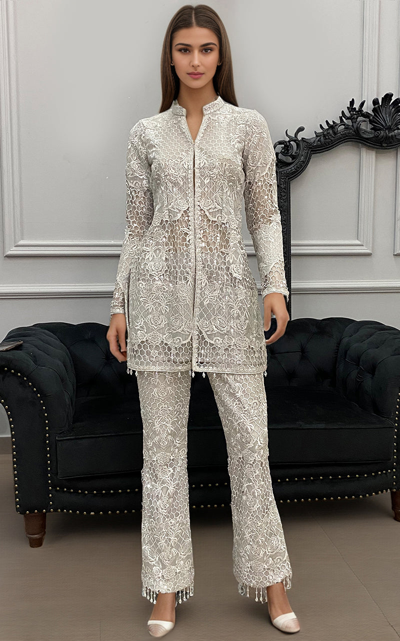 Threads and Motifs | Formal Dresses 25 | Organza Embroidered Jacket with Trouser - Official Threads and Motifs stockist in UK - Sakeena London