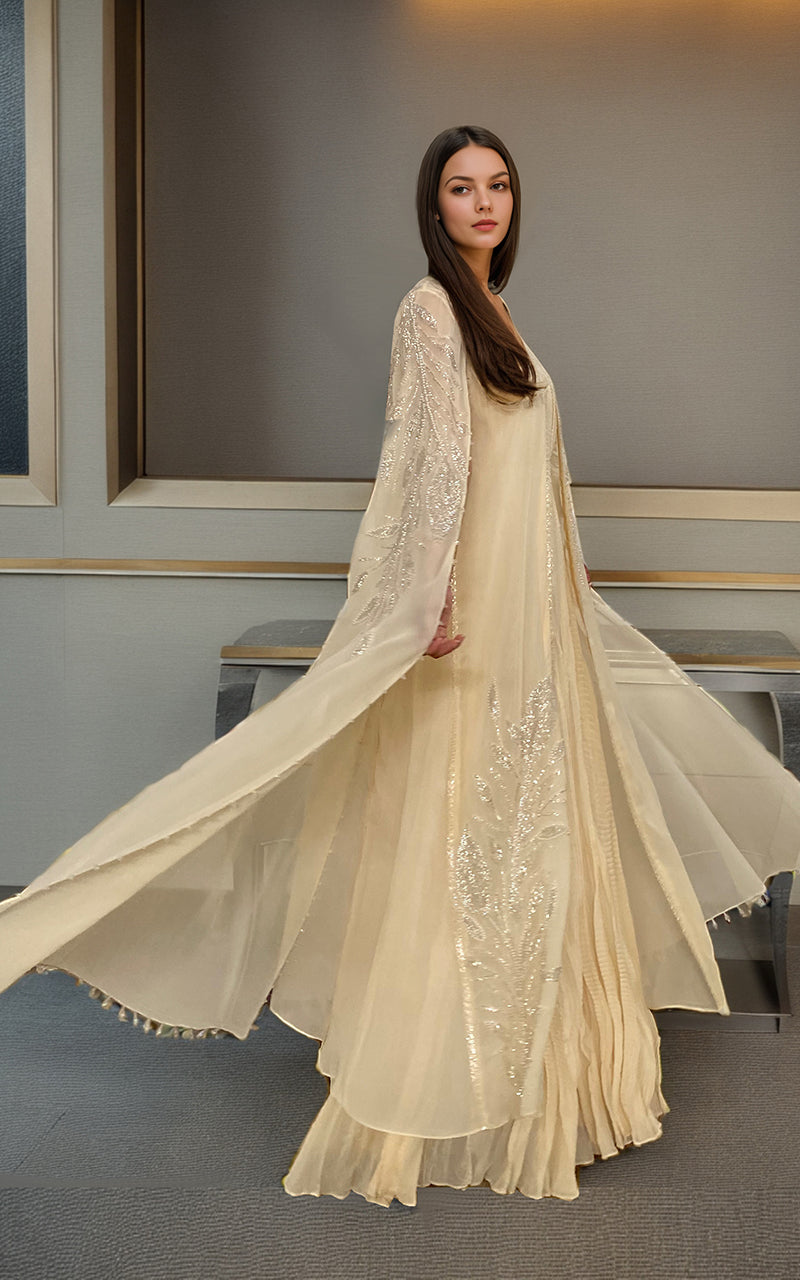 Threads and Motifs | Formal Dresses 25 | Chiffon Embroidered Cape With Crushed Maxi - Official Threads and Motifs stockist in UK - Sakeena London