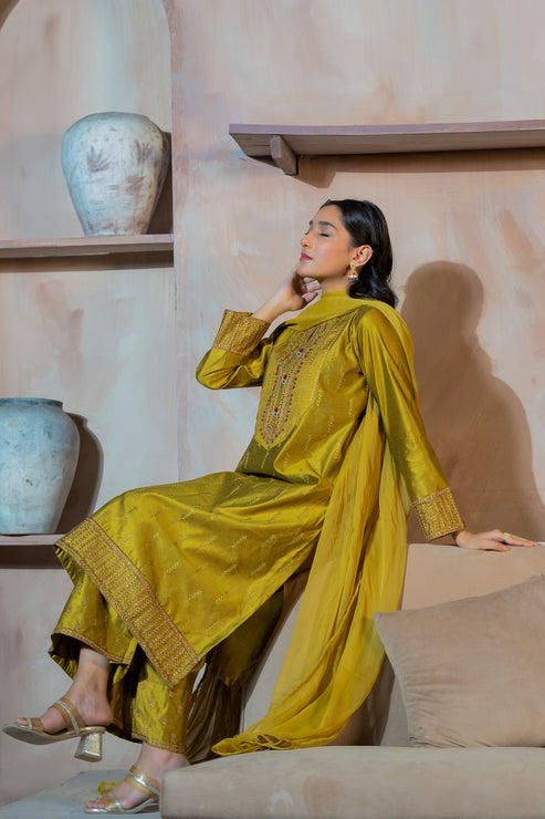 Kross Kulture | Luxury Baharaneh | Tazehro (Olive) KLX-00930 - Official Kross Kulture stockist in UK - Sakeena London
