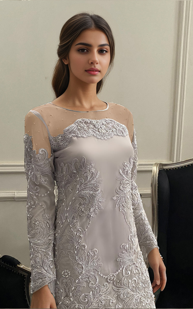 Threads and Motifs | Formal Dresses 25 | Net Embroidered Shirt With Lehenga - Official Threads and Motifs stockist in UK - Sakeena London