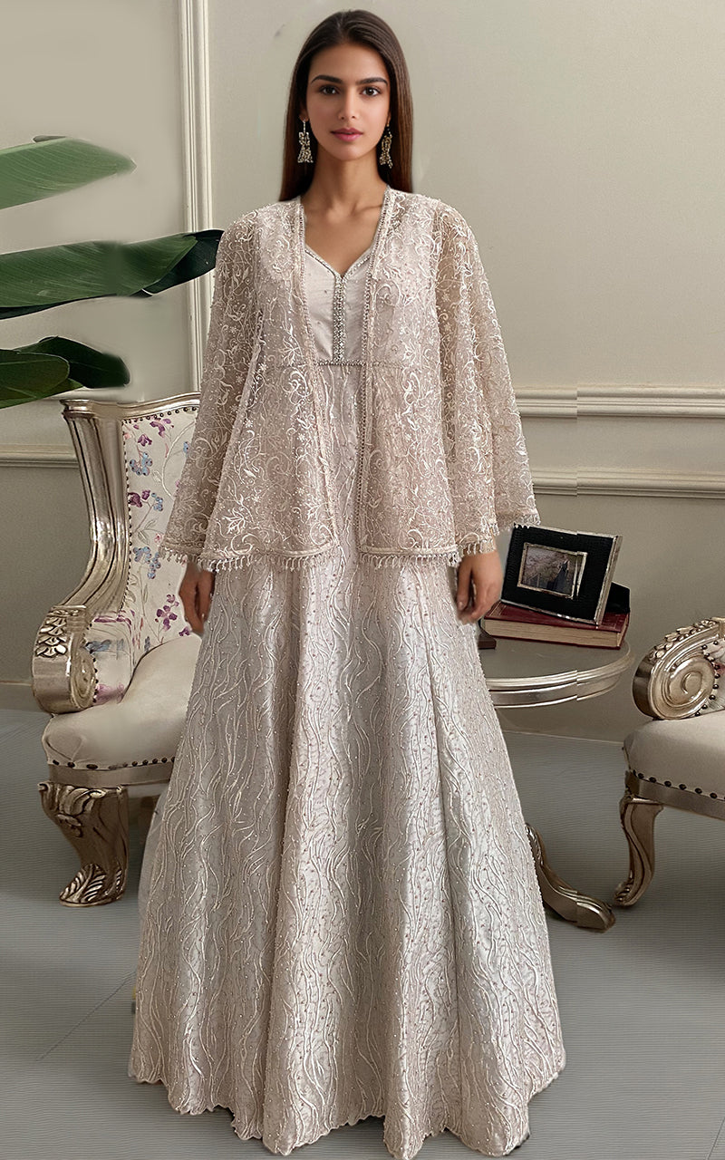 Threads and Motifs | Formal Dresses 25 | Net Embroidered Maxi With Embroidered Cape - Official Threads and Motifs stockist in UK - Sakeena London