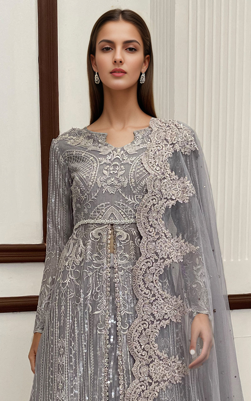 Threads and Motifs | Formal Dresses 25 | Net Embroidered Maxi With Dupatta - Official Threads and Motifs stockist in UK - Sakeena London