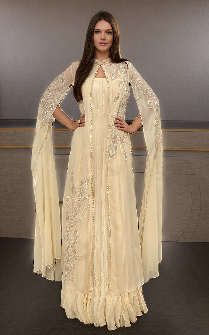 Threads and Motifs | Formal Dresses 25 | Chiffon Embroidered Cape With Crushed Maxi - Official Threads and Motifs stockist in UK - Sakeena London