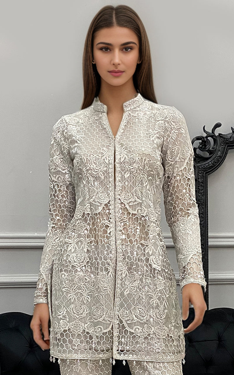 Threads and Motifs | Formal Dresses 25 | Organza Embroidered Jacket with Trouser - Official Threads and Motifs stockist in UK - Sakeena London