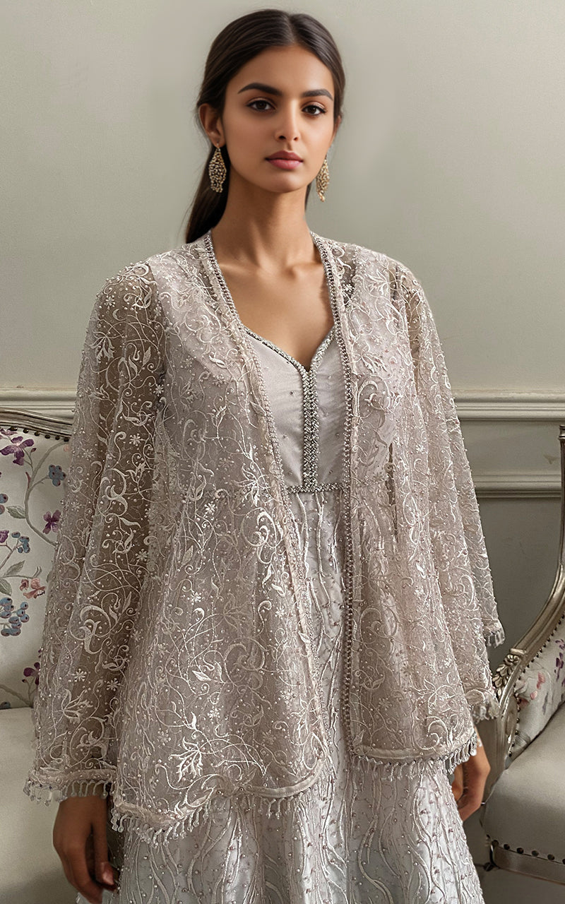 Threads and Motifs | Formal Dresses 25 | Net Embroidered Maxi With Embroidered Cape - Official Threads and Motifs stockist in UK - Sakeena London