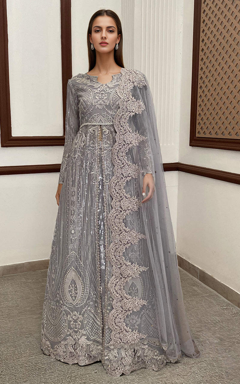 Threads and Motifs | Formal Dresses 25 | Net Embroidered Maxi With Dupatta - Official Threads and Motifs stockist in UK - Sakeena London