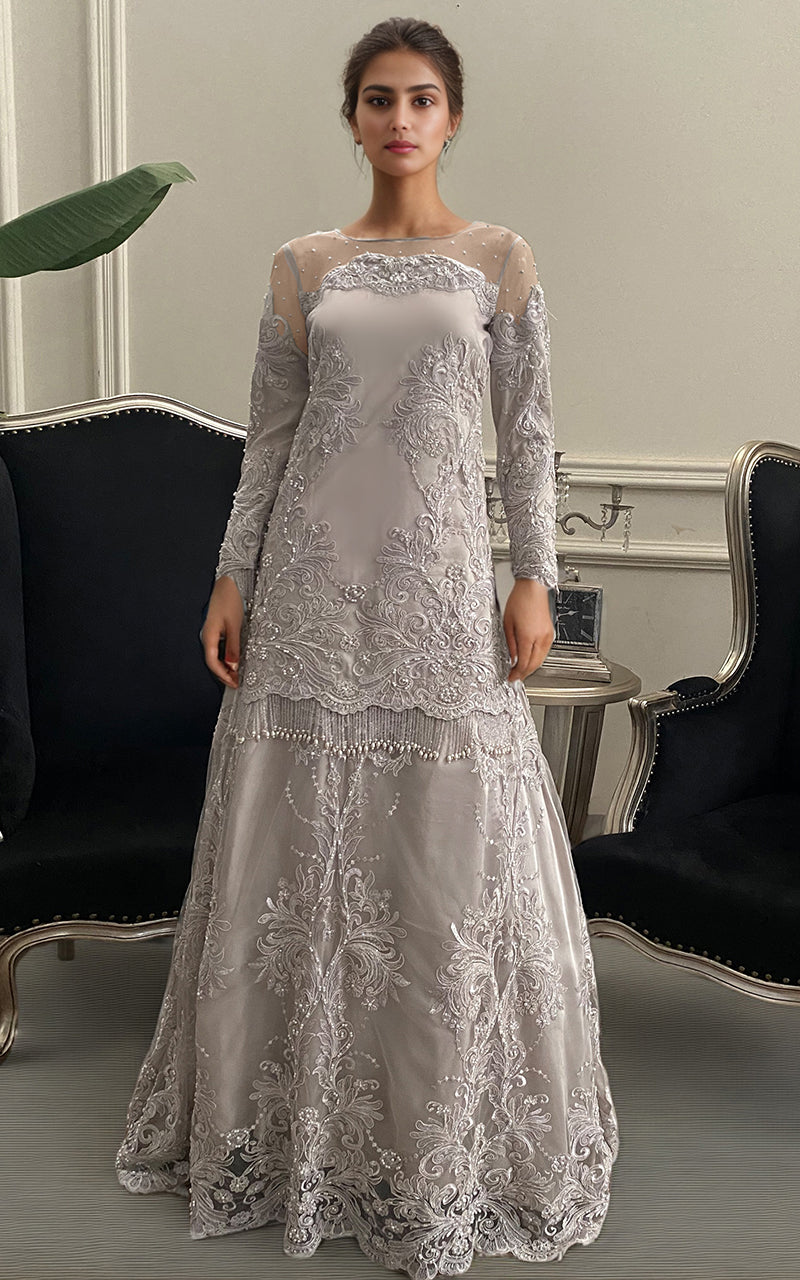 Threads and Motifs | Formal Dresses 25 | Net Embroidered Shirt With Lehenga - Official Threads and Motifs stockist in UK - Sakeena London