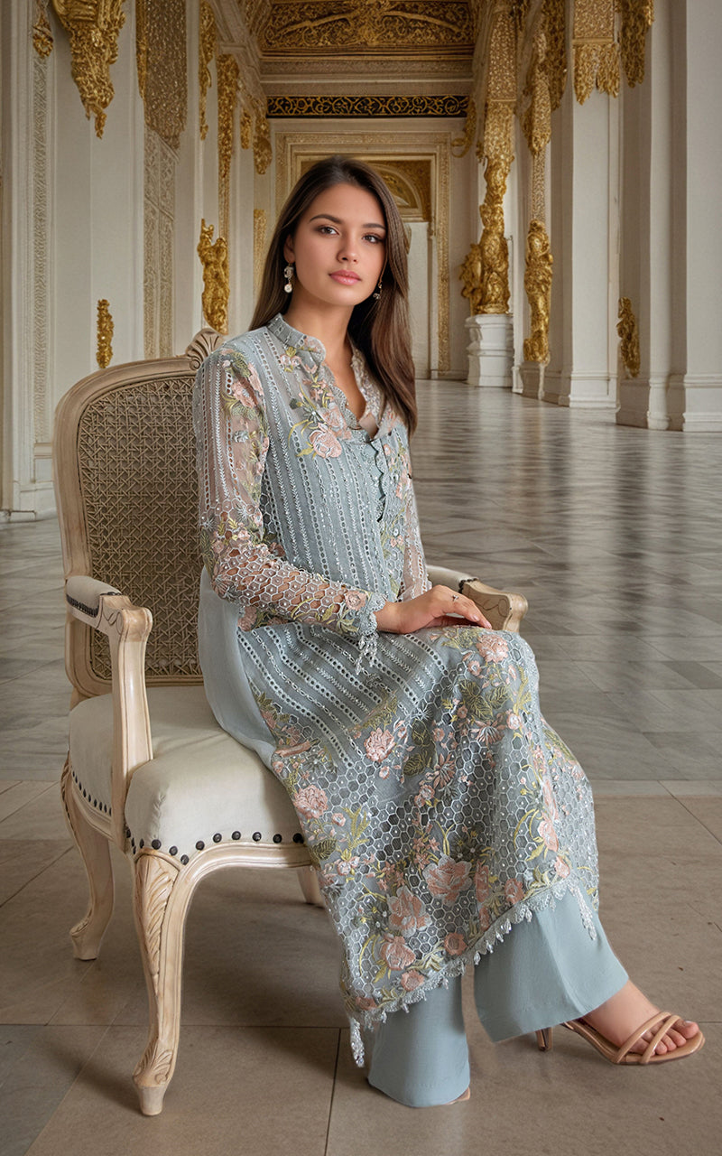 Threads and Motifs | Formal Dresses 25 | Organza Embroidered Front Open Jacket - Official Threads and Motifs stockist in UK - Sakeena London
