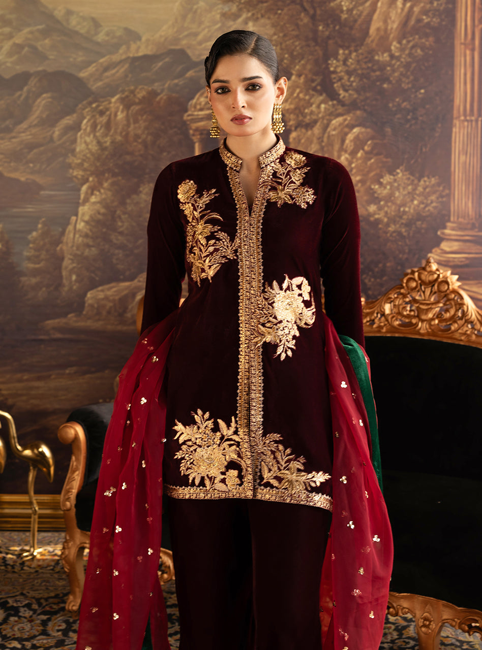 Zainab Chottani | Velura Velvet Edit 25 | Claret Farshi - Official Zainab Chottani stockist in UK - Sakeena London