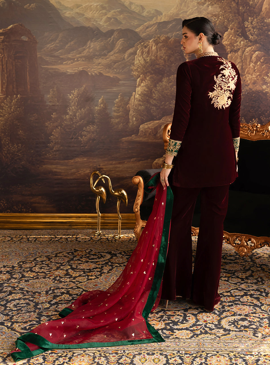 Zainab Chottani | Velura Velvet Edit 25 | Claret Flared Pants - Official Zainab Chottani stockist in UK - Sakeena London