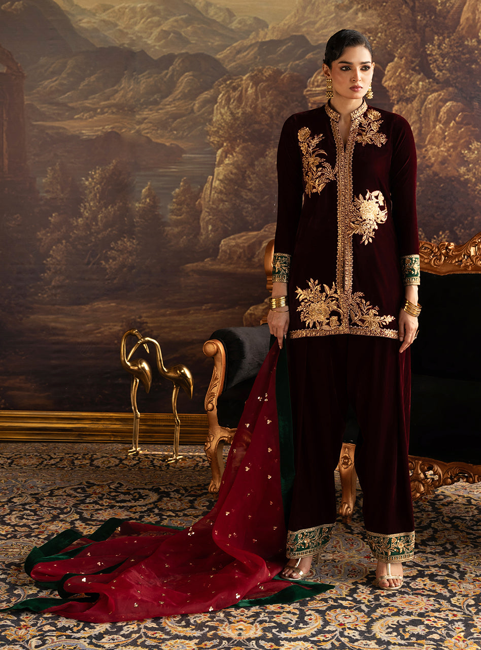 Zainab Chottani | Velura Velvet Edit 25 | Claret Farshi - Official Zainab Chottani stockist in UK - Sakeena London