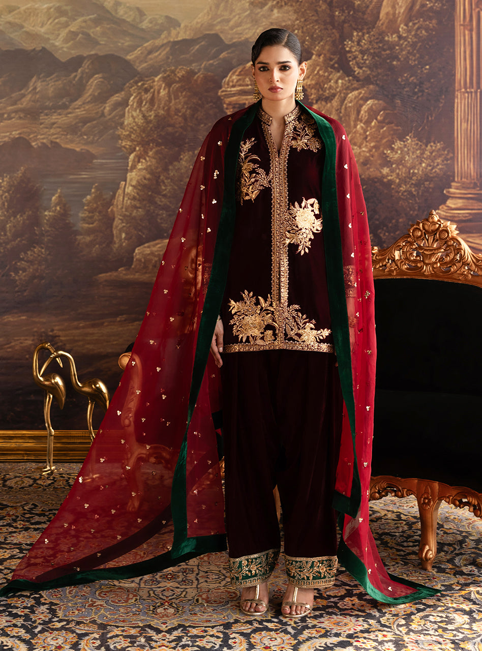 Zainab Chottani | Velura Velvet Edit 25 | Claret Farshi - Official Zainab Chottani stockist in UK - Sakeena London