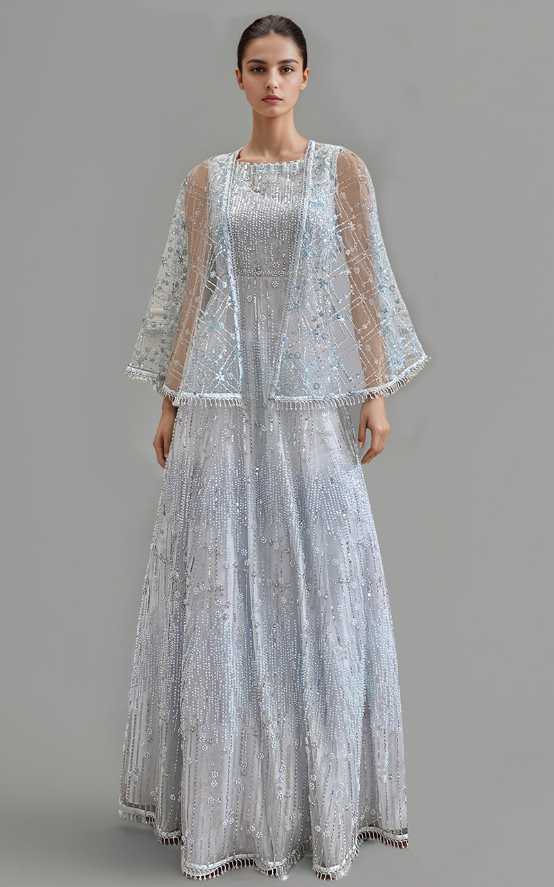 Threads and Motifs | Formal Dresses 25 | Net Embroidered Cape With Maxi - Official Threads and Motifs stockist in UK - Sakeena London