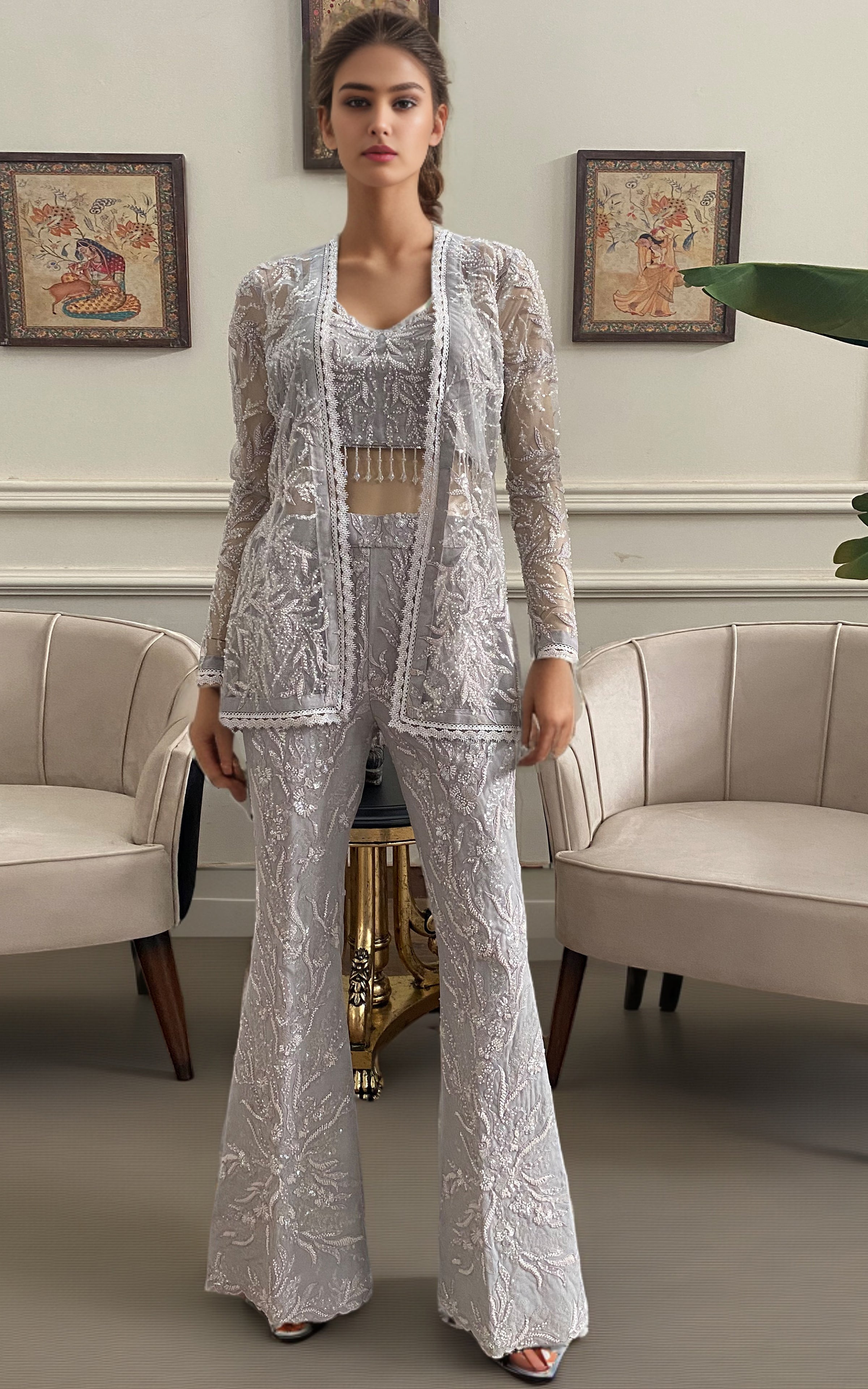 Threads and Motifs | Formal Dresses 25 | Net Embroidered Jacket With Embroidered Trouser - Official Threads and Motifs stockist in UK - Sakeena London