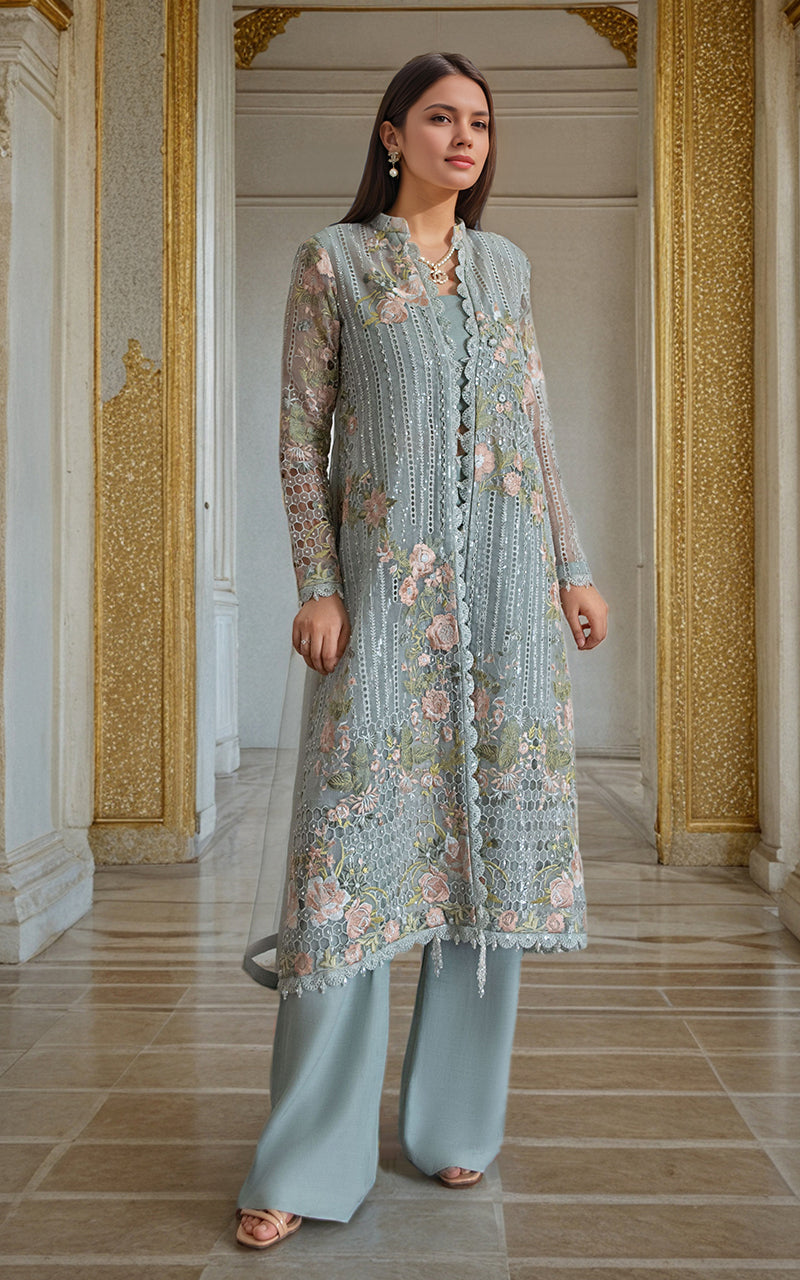 Threads and Motifs | Formal Dresses 25 | Organza Embroidered Front Open Jacket - Official Threads and Motifs stockist in UK - Sakeena London