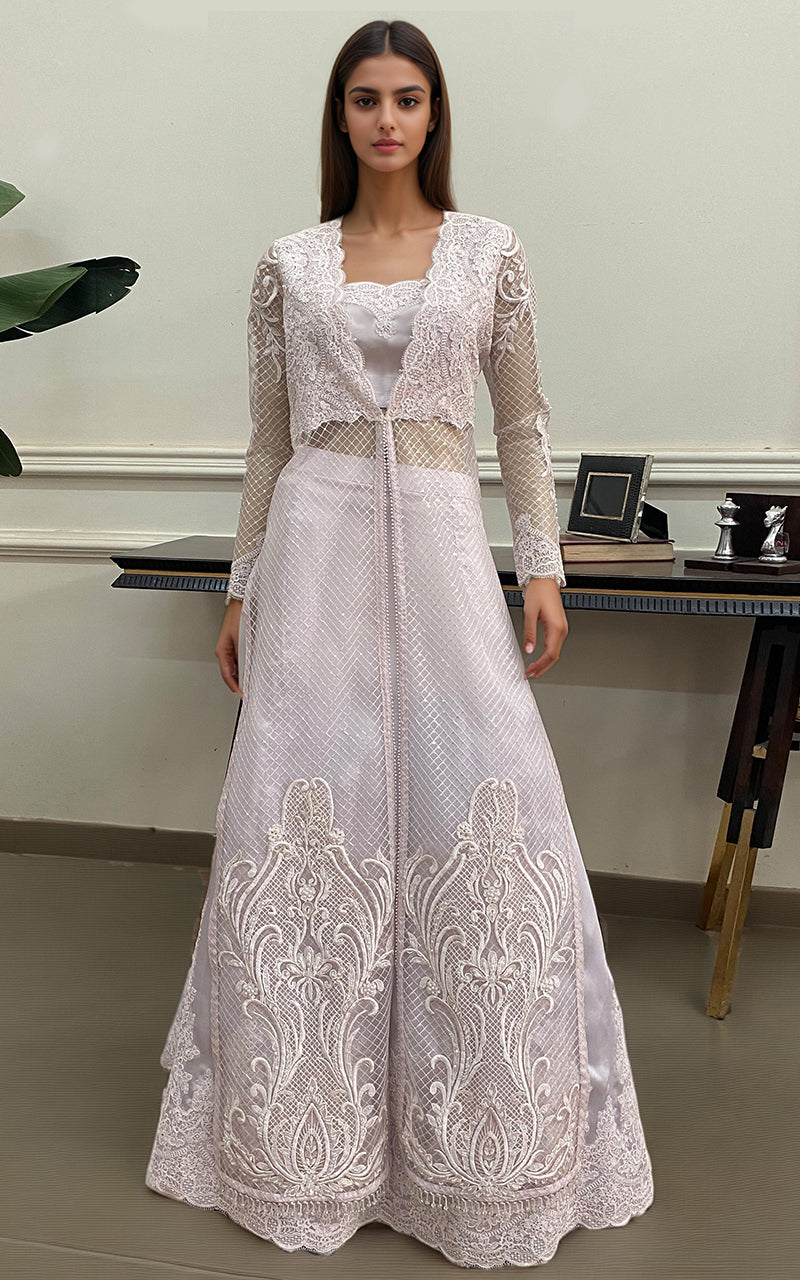 Threads and Motifs | Formal Dresses 25 | Net Embroidered Jacket with Embroidered Blouse and Skirt - Official Threads and Motifs stockist in UK - Sakeena London