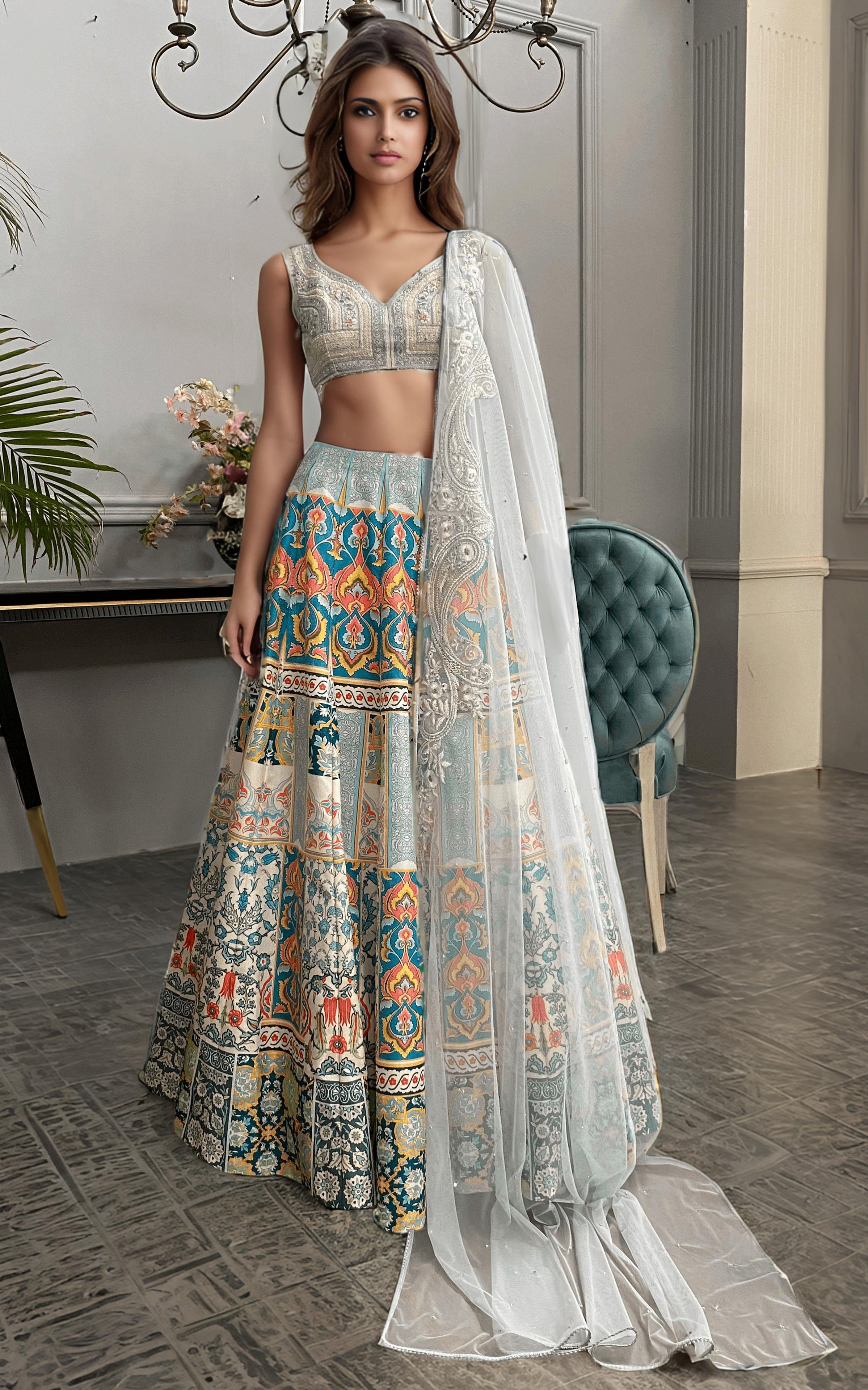 Threads and Motifs | Formal Dresses 25 | Embroidered Blouse With Printed Lehenga And Dupatta - Official Threads and Motifs stockist in UK - Sakeena London