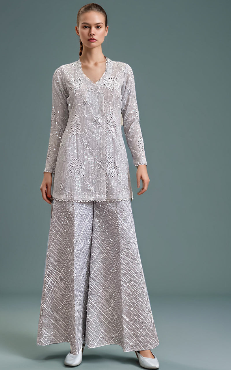Threads and Motifs | Formal Dresses 25 | Chiffon Chikankari Embroidered Angrakha with Net embroidered trouser - Official Threads and Motifs stockist in UK - Sakeena London