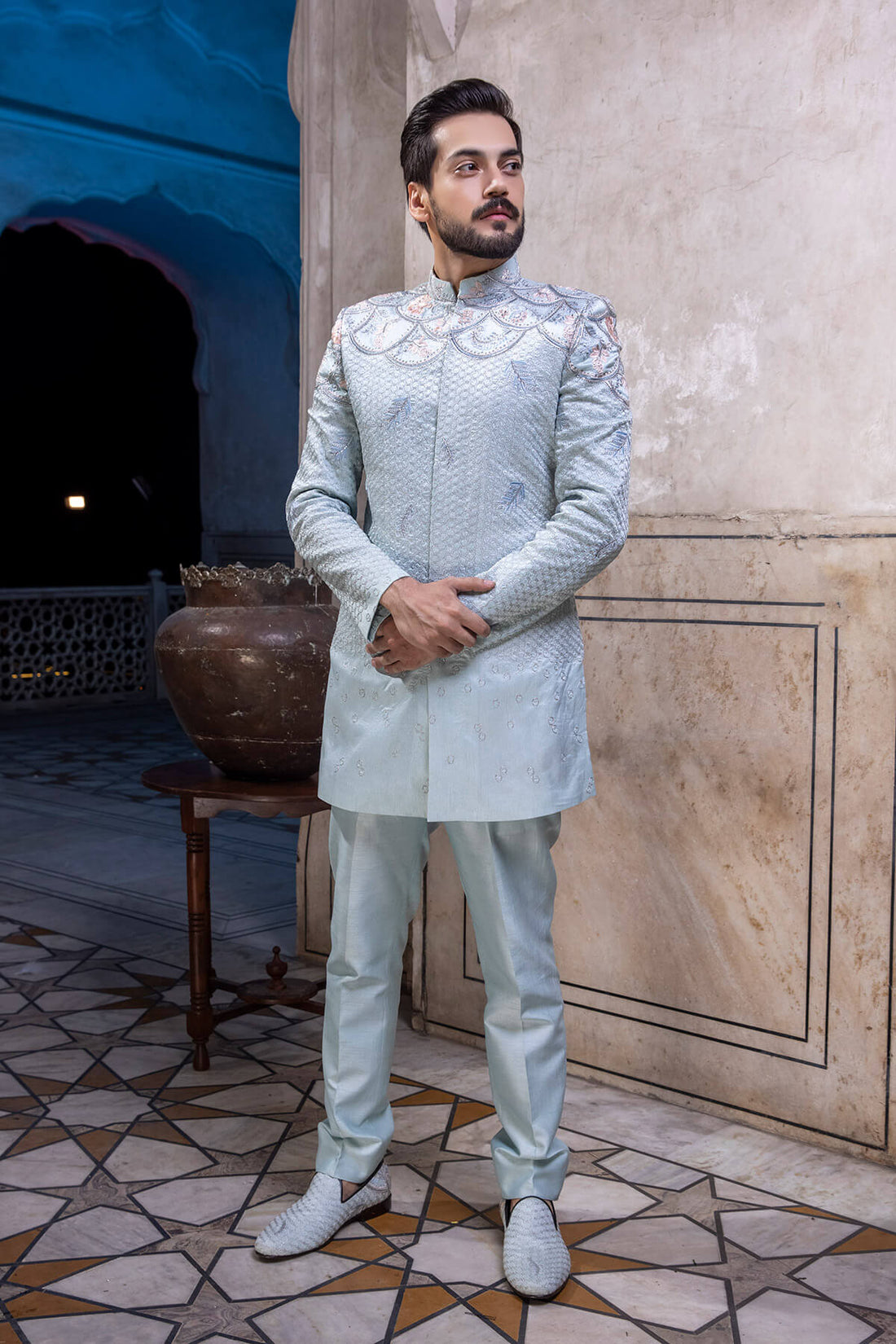 Pakistani Menswear | Mina Kashif | Sherwani D-09 - Official Sakeena London stockist in UK - Sakeena London