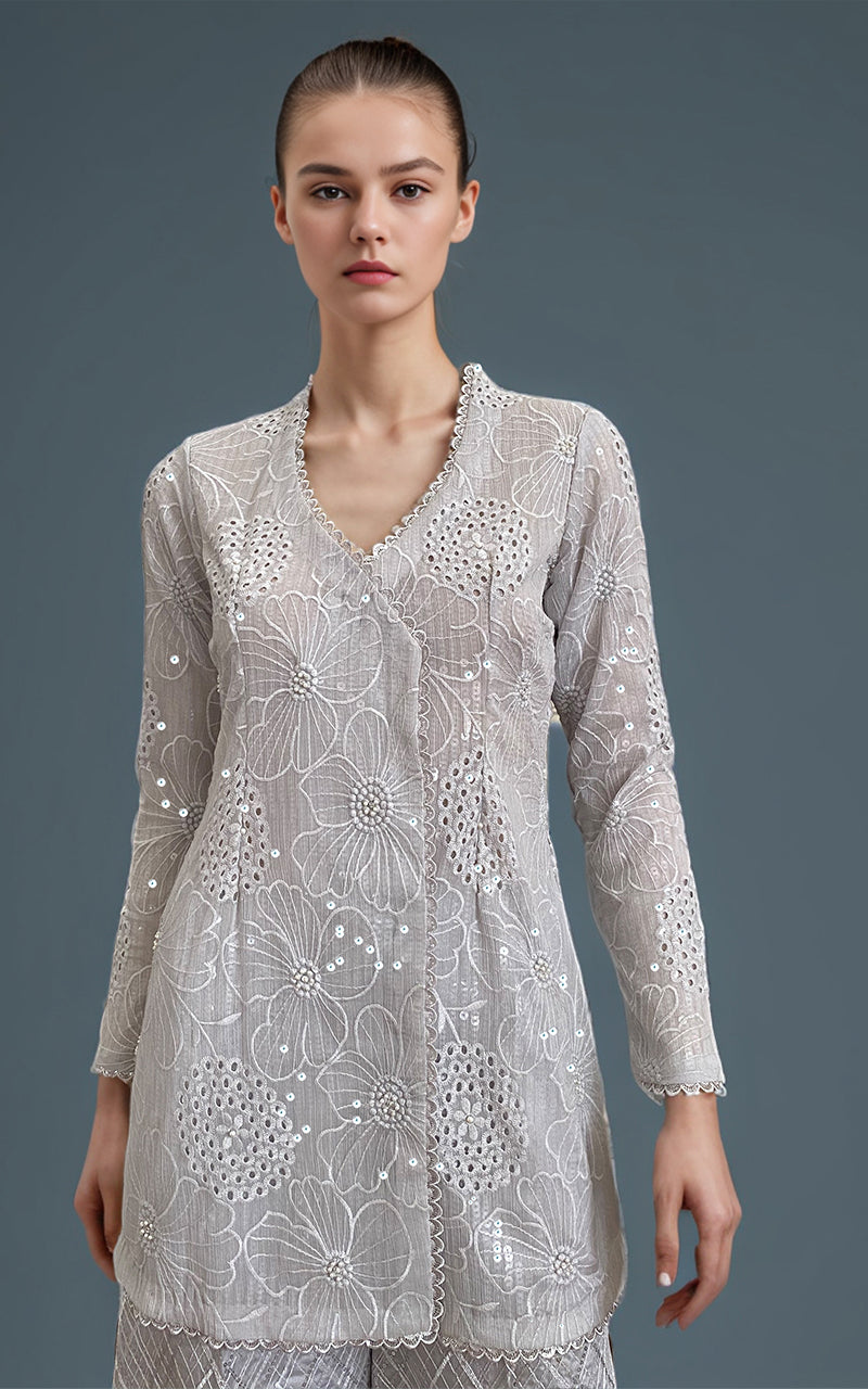Threads and Motifs | Formal Dresses 25 | Chiffon Chikankari Embroidered Angrakha with Net embroidered trouser - Official Threads and Motifs stockist in UK - Sakeena London