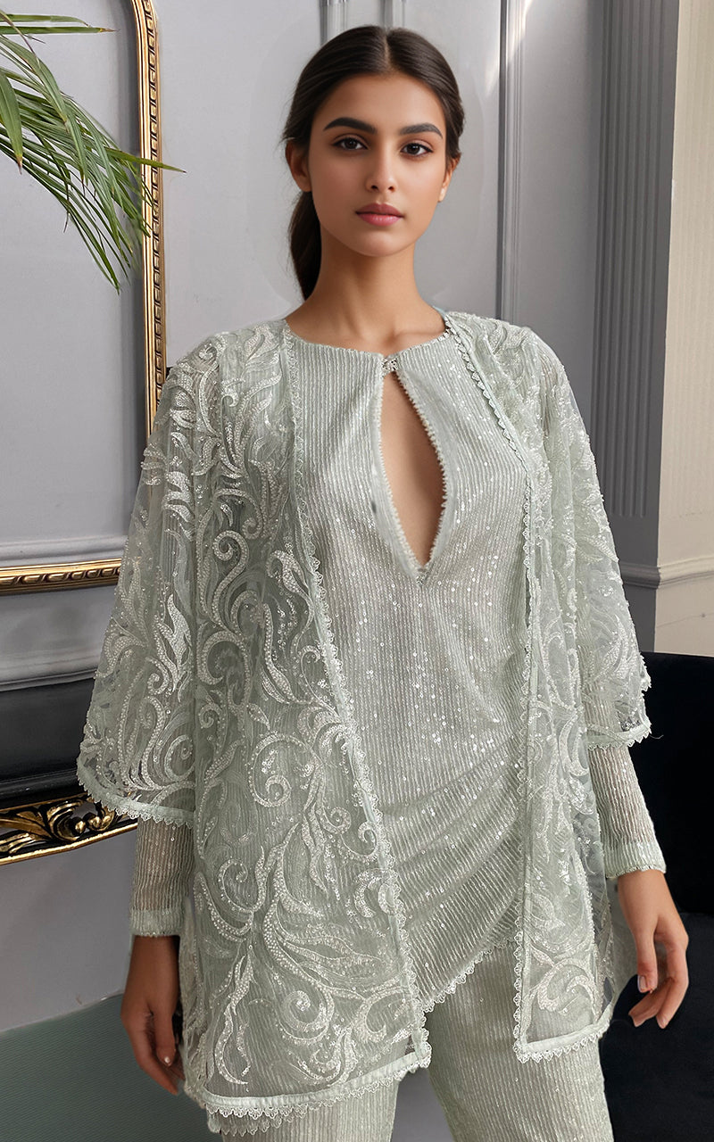 Threads and Motifs | Formal Dresses 25 | Net Embroidered Cap With Sequins Inner And Sequins Trouser - Official Threads and Motifs stockist in UK - Sakeena London