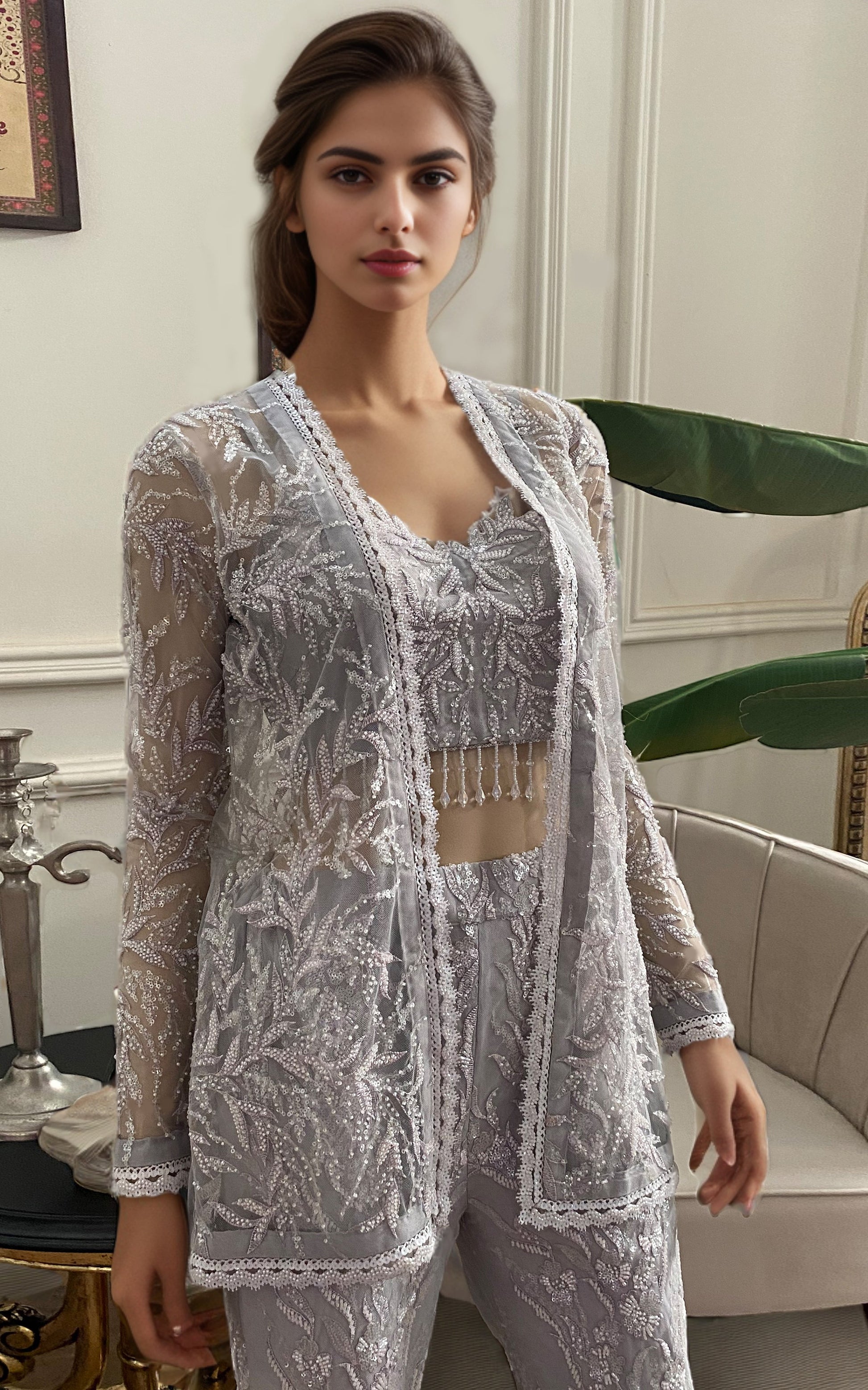 Threads and Motifs | Formal Dresses 25 | Net Embroidered Jacket With Embroidered Trouser - Official Threads and Motifs stockist in UK - Sakeena London