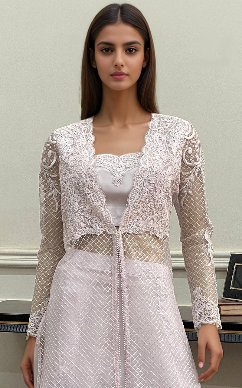 Threads and Motifs | Formal Dresses 25 | Net Embroidered Jacket with Embroidered Blouse and Skirt - Official Threads and Motifs stockist in UK - Sakeena London