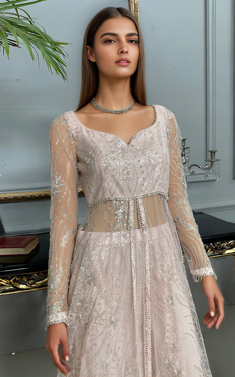 Threads and Motifs | Formal Dresses 25 | Net Embroidered Dress With Skirt - Official Threads and Motifs stockist in UK - Sakeena London