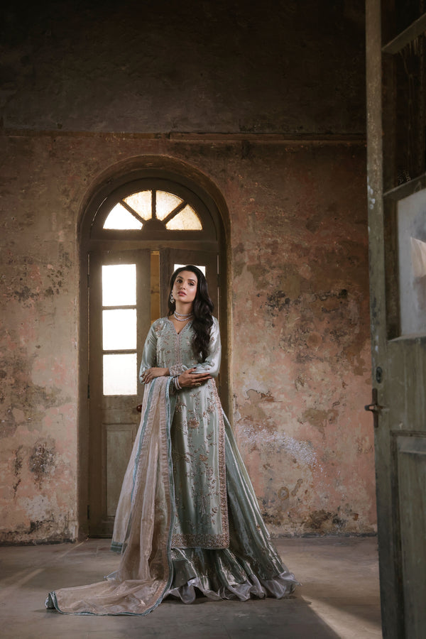 Wahaj M Khan | Banno Wedding Formals | Iceblue Lama Bano outfit - Official Wahaj M Khan stockist in UK - Sakeena London