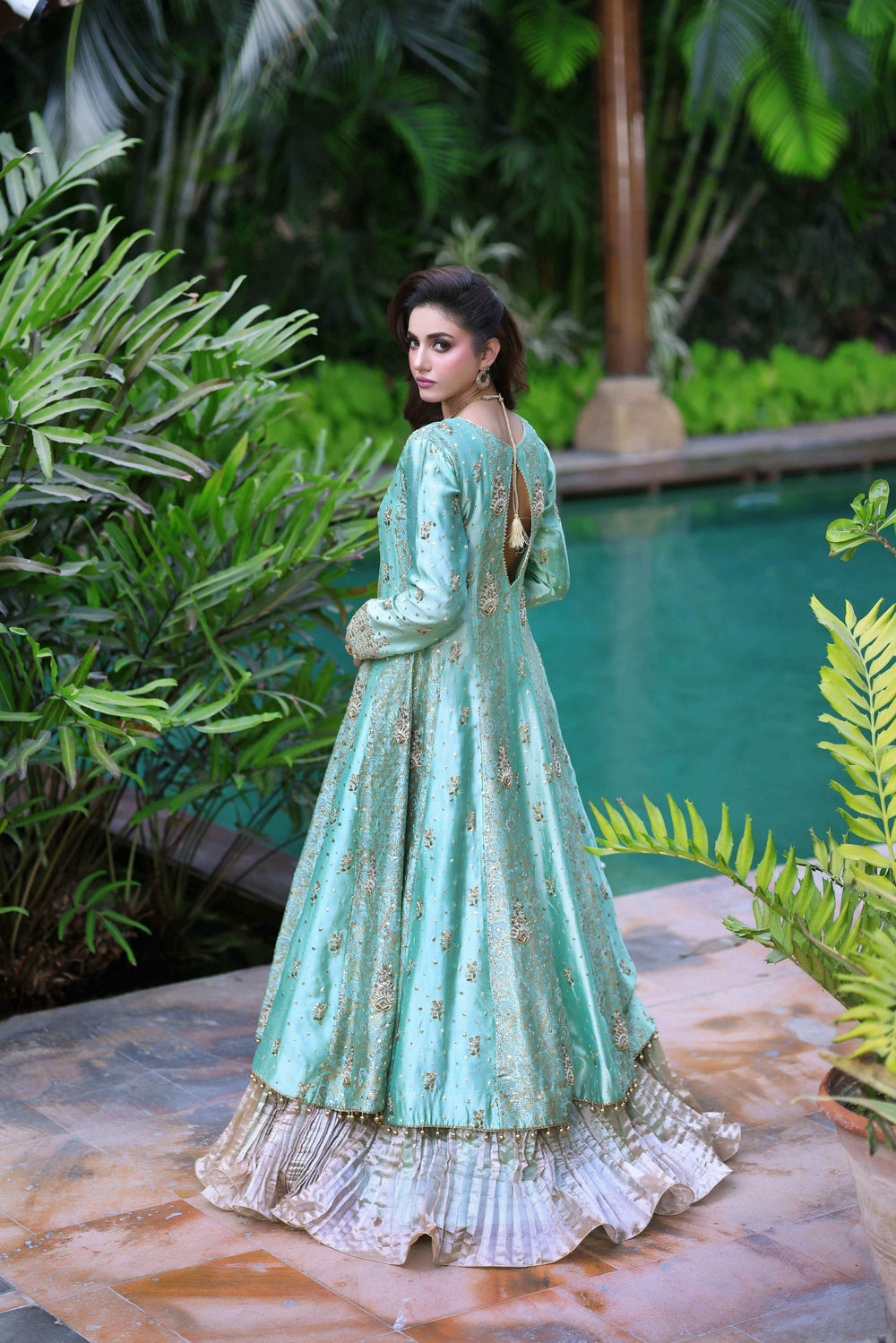 Wahaj M Khan | Nur Festive | Two-Toned Green Sheesha Block Nur Anarkali