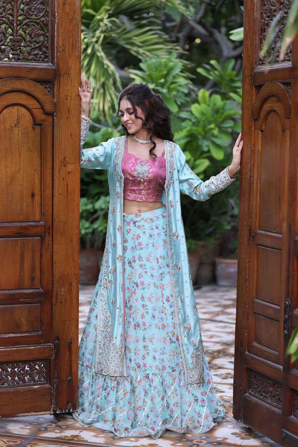 Wahaj M Khan | Nur Festive | Sea Ferozi Sheesha Jacket Nur Set