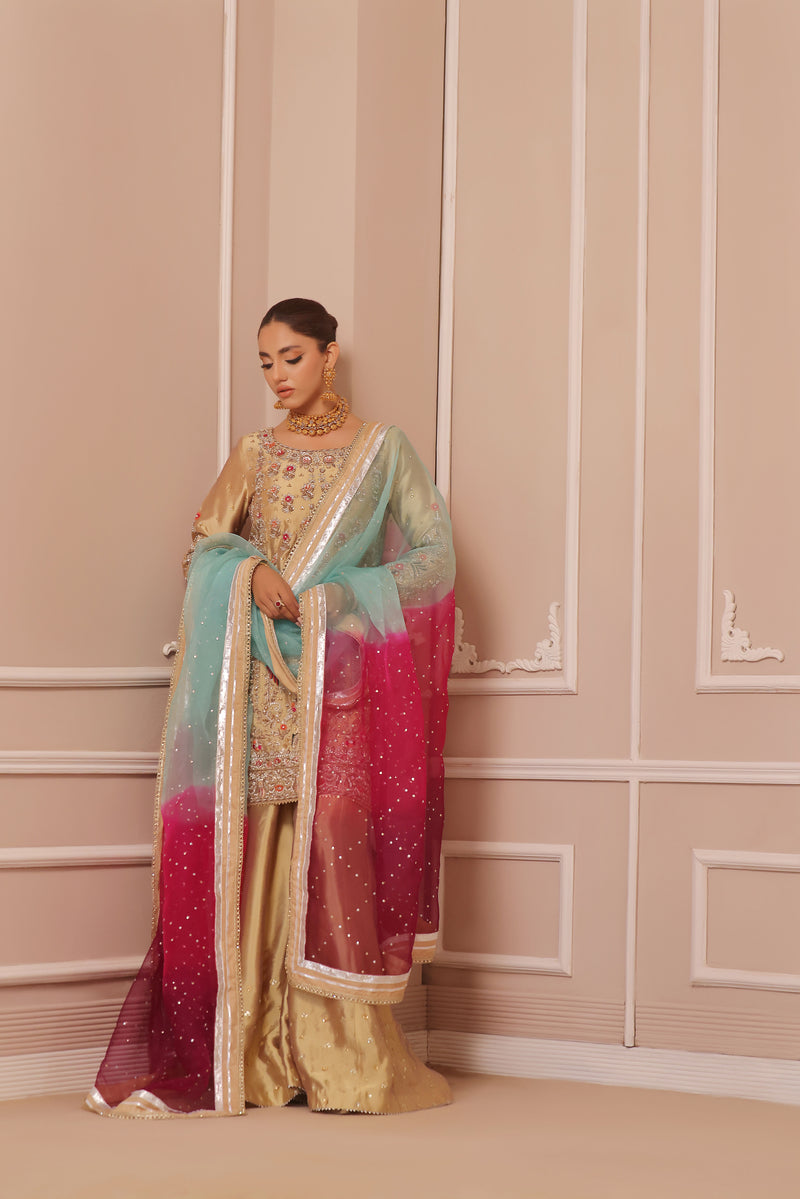 Wahaj M Khan | Banno Formals | GOLD SHEESHA BANO2 PLAZZO SET - Official Wahaj M Khan stockist in UK - Sakeena London