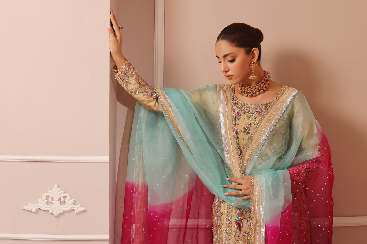 Wahaj M Khan | Banno Formals | GOLD SHEESHA BANO2 PLAZZO SET - Official Wahaj M Khan stockist in UK - Sakeena London