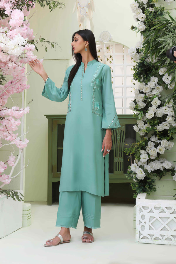 Wahajmkhan | Sitara Formals | SEA GREEN RAWSILK OUTFIT - Official Wahaj M.Khan stockist in UK - Sakeena London