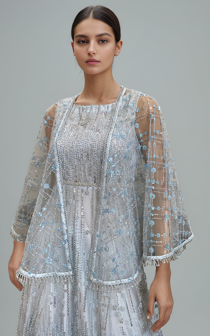 Threads and Motifs | Formal Dresses 25 | Net Embroidered Cape With Maxi - Official Threads and Motifs stockist in UK - Sakeena London