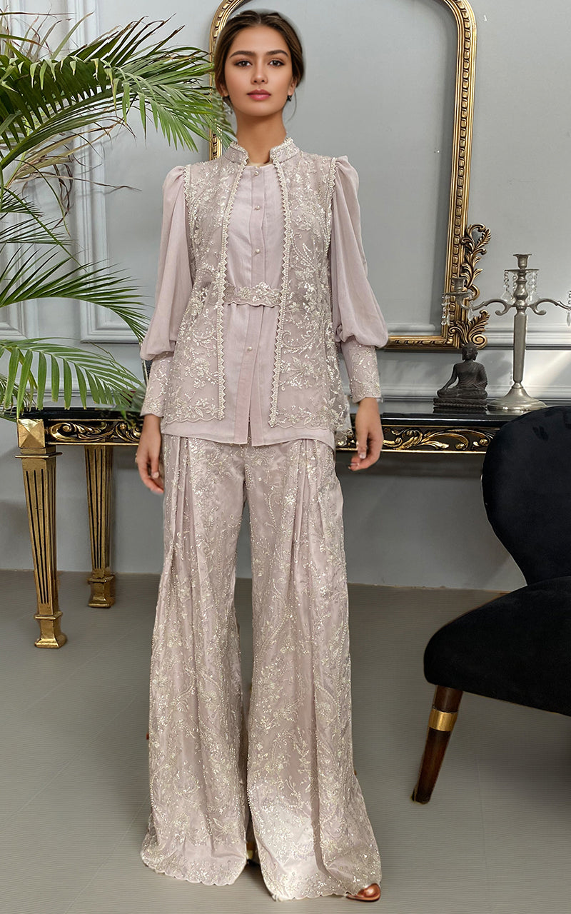 Threads and Motifs | Formal Dresses 25 | Net Embroidered Jacket With Chiffon Shirt And Embroidered Trouser - Official Threads and Motifs stockist in UK - Sakeena London