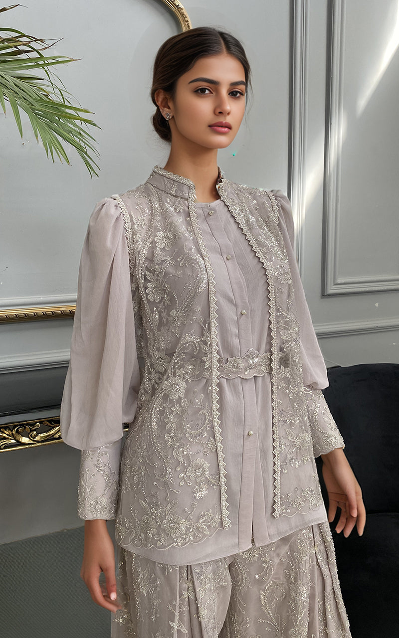 Threads and Motifs | Formal Dresses 25 | Net Embroidered Jacket With Chiffon Shirt And Embroidered Trouser - Official Threads and Motifs stockist in UK - Sakeena London