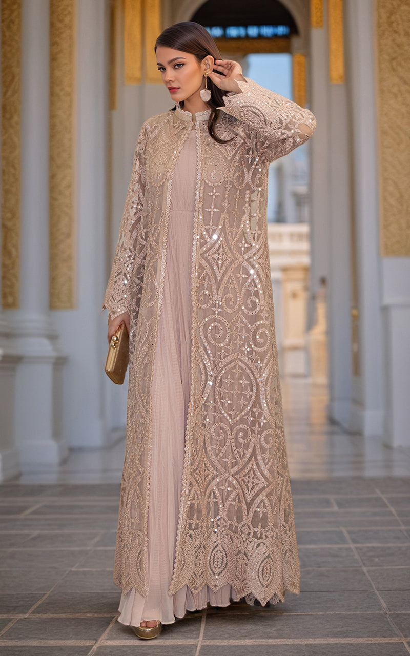 Threads and Motifs | Formal Dresses 25 | Organza Embroidered Jacket With Crushed Maxi - Official Threads and Motifs stockist in UK - Sakeena London