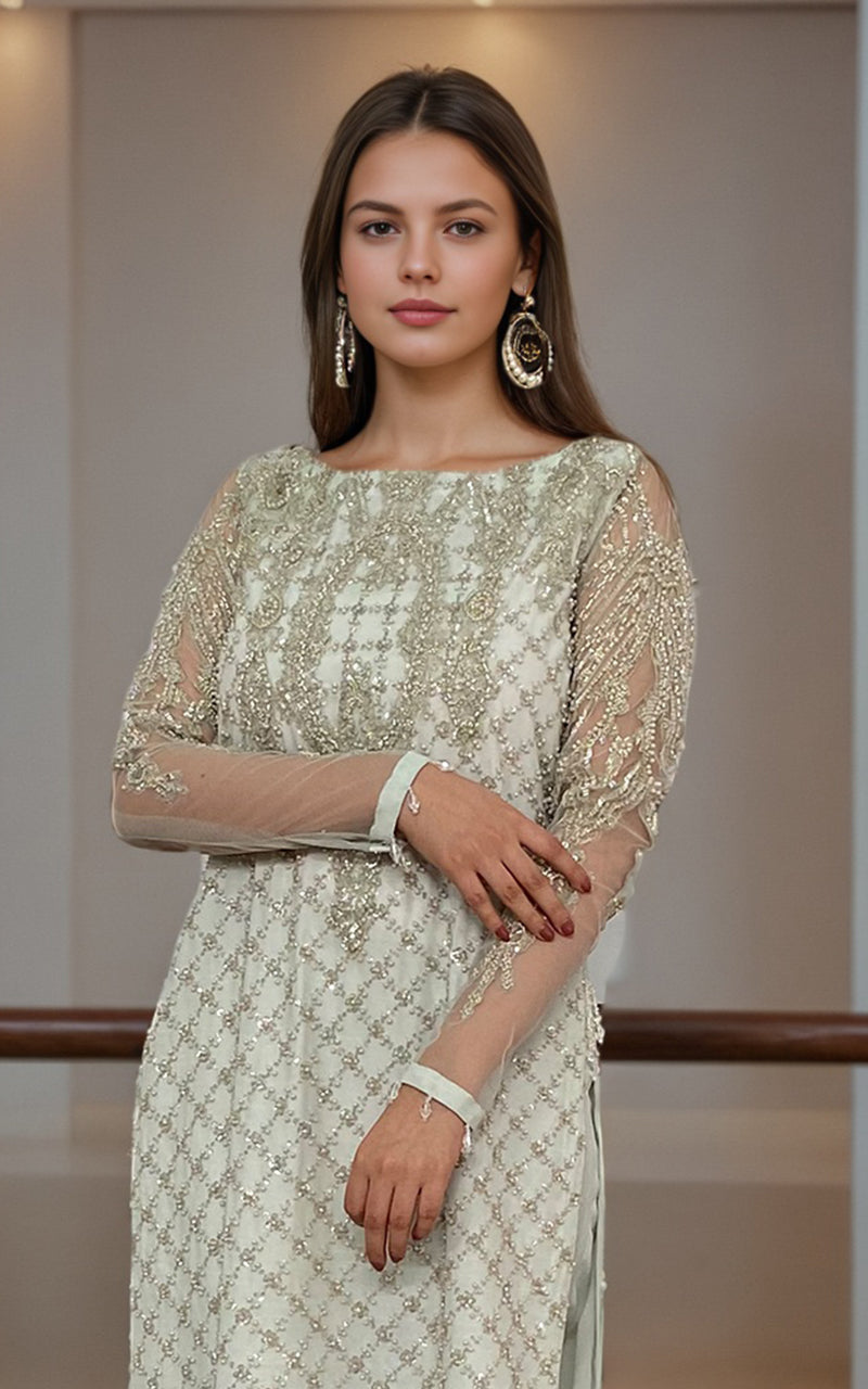 Threads and Motifs | Formal Dresses 25 | Net Embroidered Shirt With Trouser - Official Threads and Motifs stockist in UK - Sakeena London