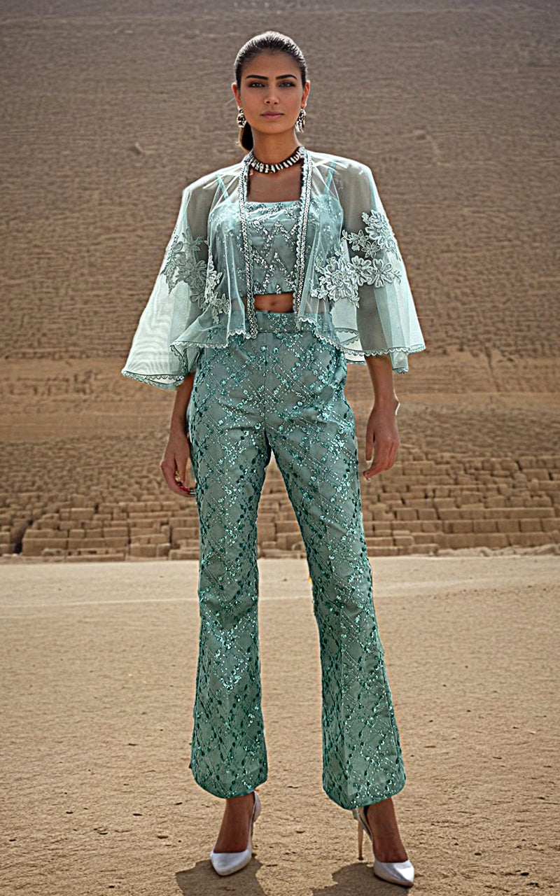 Threads and Motifs | Formal Dresses 25 | Embroiderd Cape with Blouse and Trouser - Official Threads and Motifs stockist in UK - Sakeena London