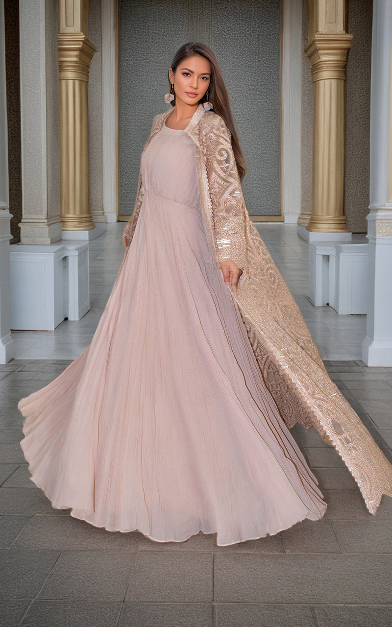 Threads and Motifs | Formal Dresses 25 | Organza Embroidered Jacket With Crushed Maxi - Official Threads and Motifs stockist in UK - Sakeena London