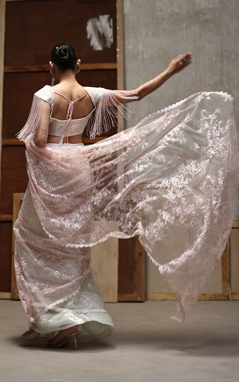 Threads and Motifs | Formal Dresses 25 | Net Embroidered Blouse And Saree - Official Threads and Motifs stockist in UK - Sakeena London