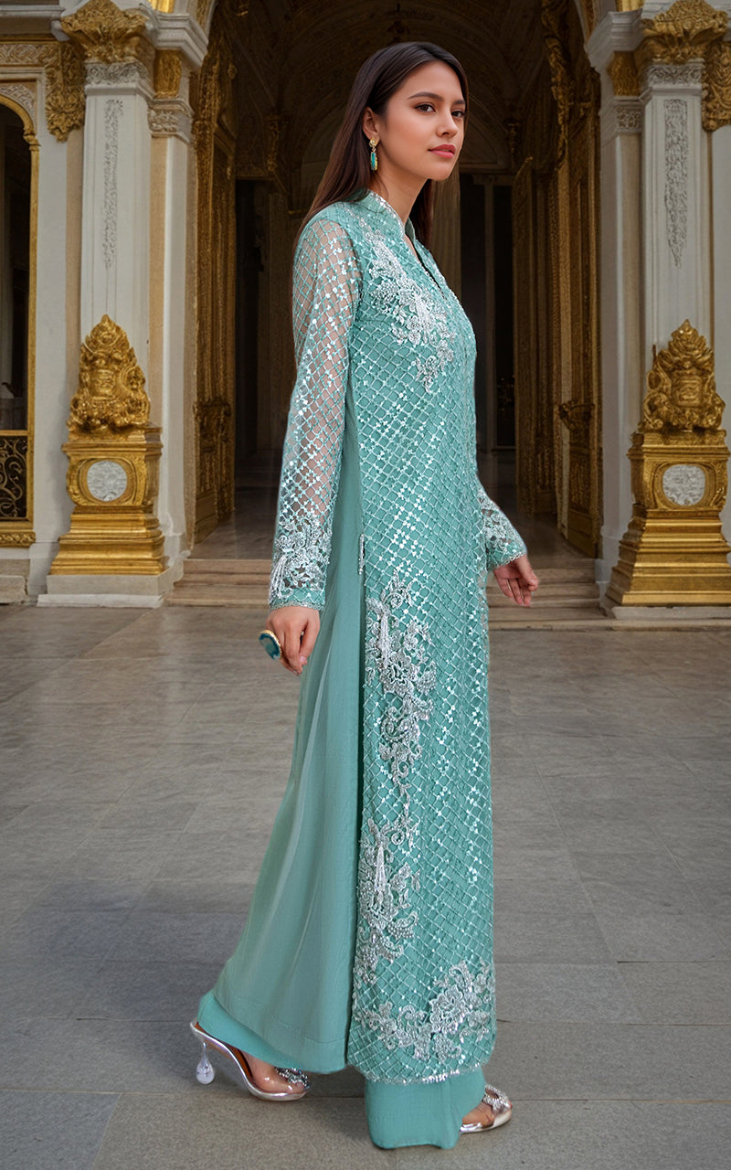 Threads and Motifs | Formal Dresses 25 | Net Embroidered Jacket With Trouser - Official Threads and Motifs stockist in UK - Sakeena London