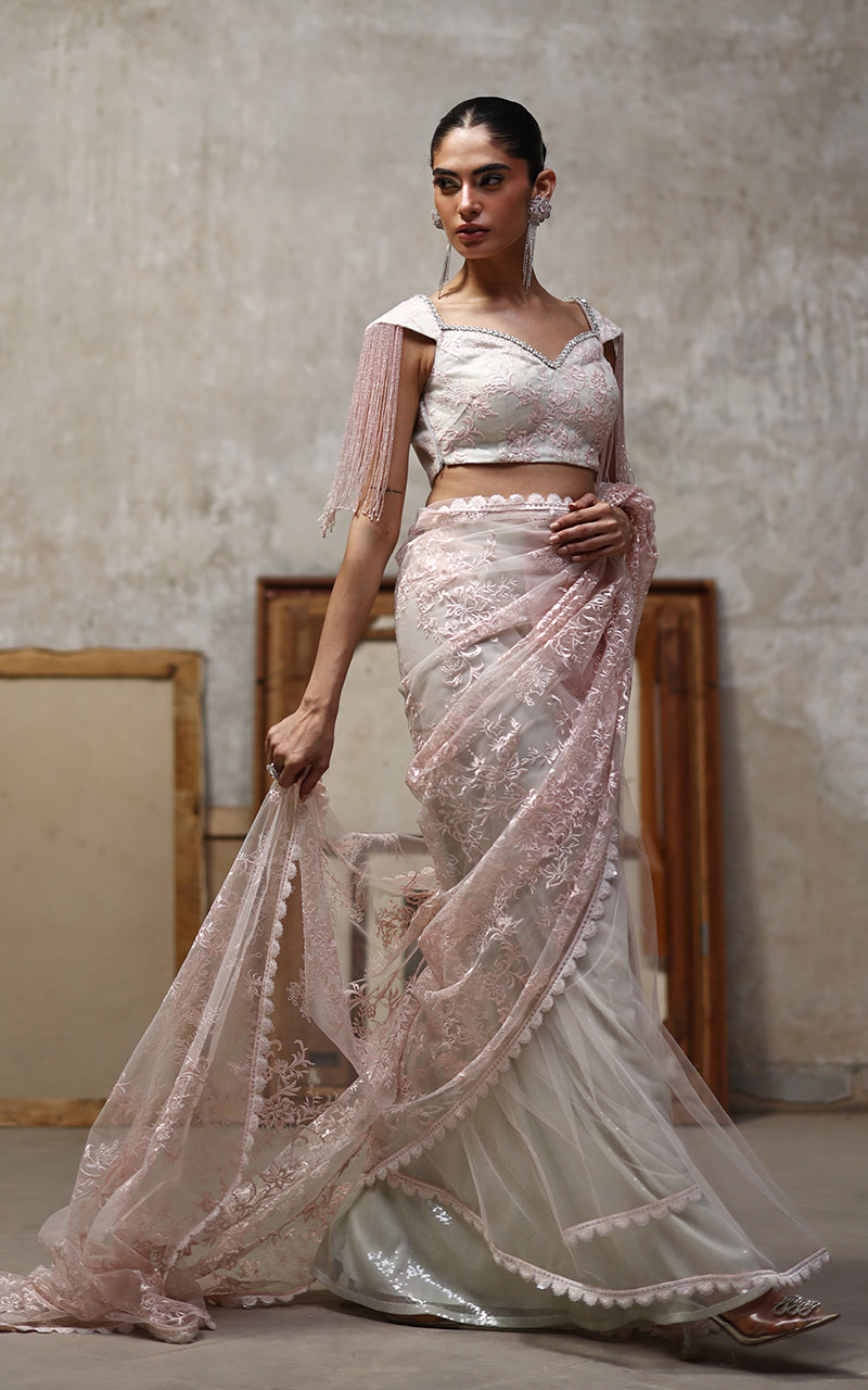 Threads and Motifs | Formal Dresses 25 | Net Embroidered Blouse And Saree - Official Threads and Motifs stockist in UK - Sakeena London