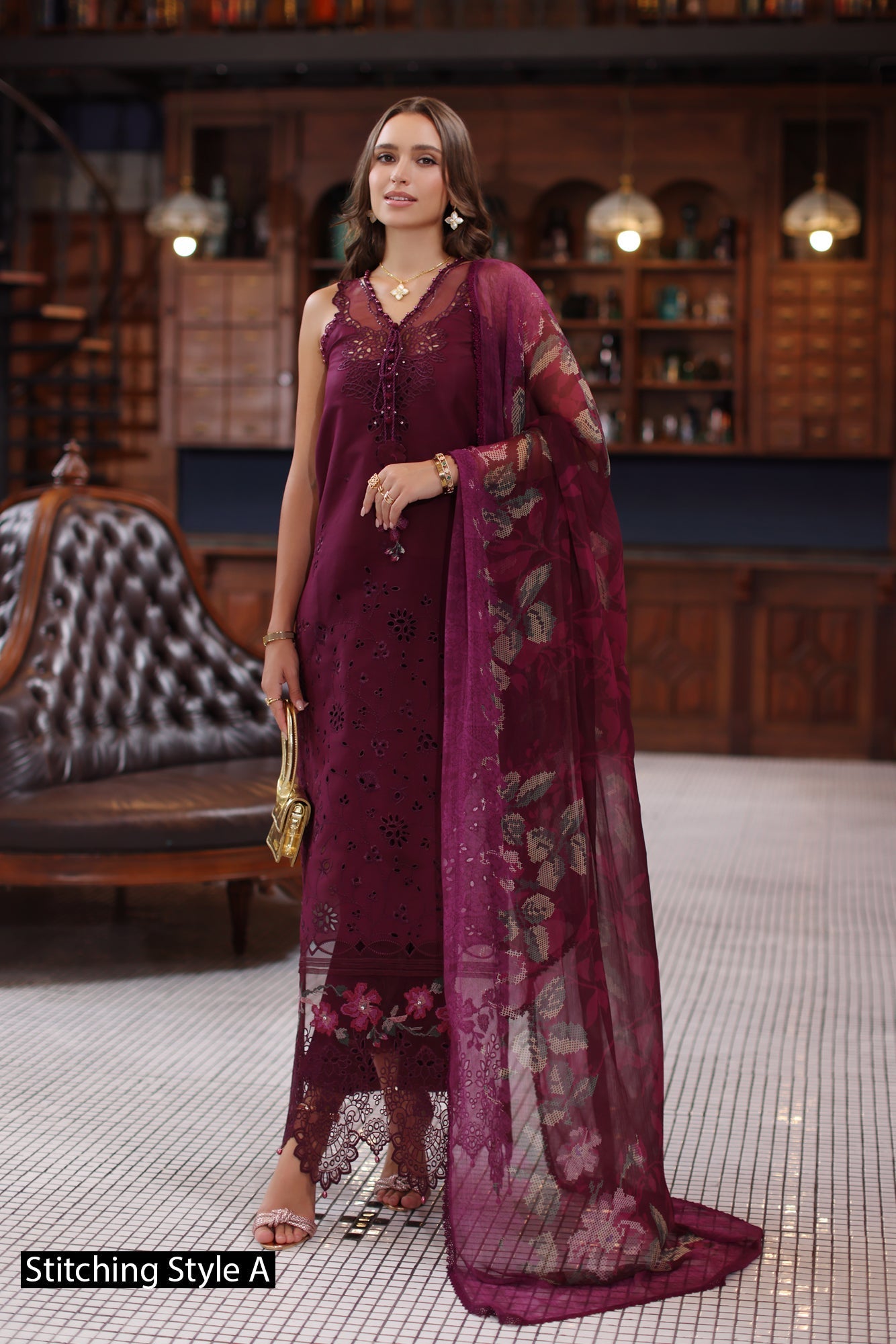 Noor by Saadia Asad | Eid Luxury Schiffli Laserkari 25 | D12- Plum - Official Noor by Saadia Asad stockist in UK - Sakeena London